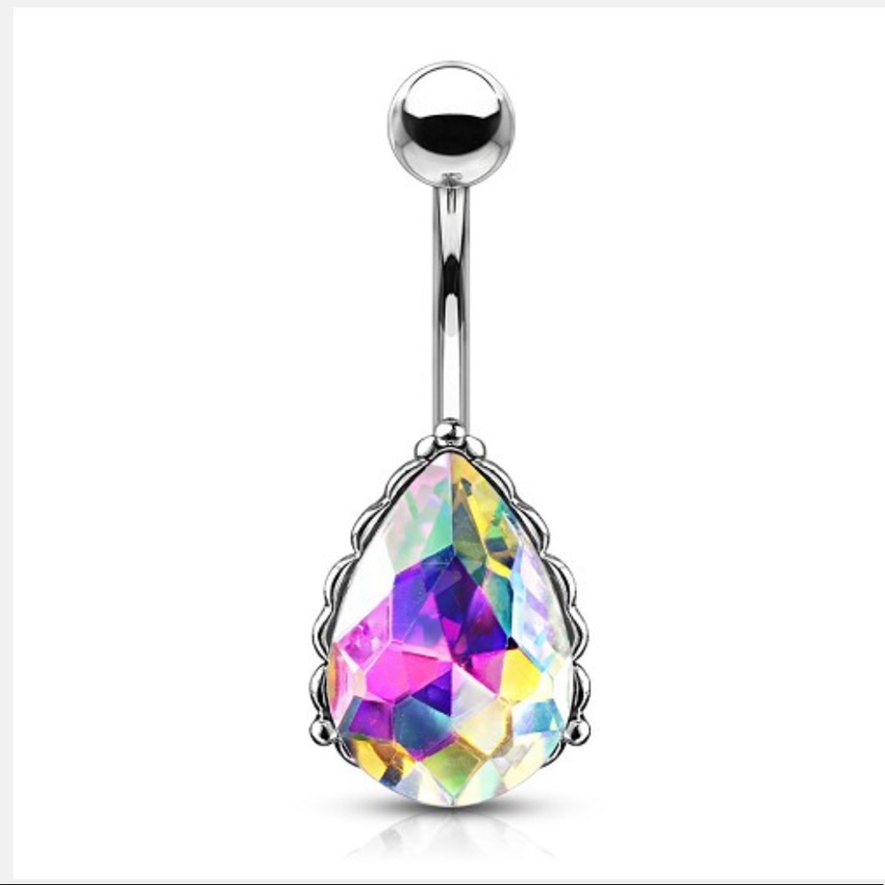 Navel Ring with AB Tear Drop Gem